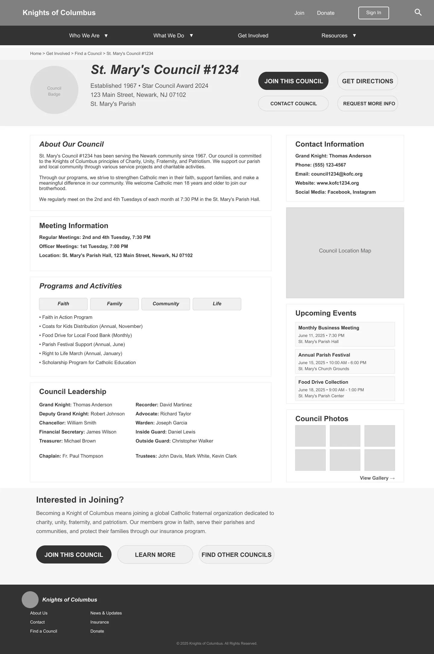 Council detail page wireframe showing meeting information, programs and activities, leadership roster, and upcoming events