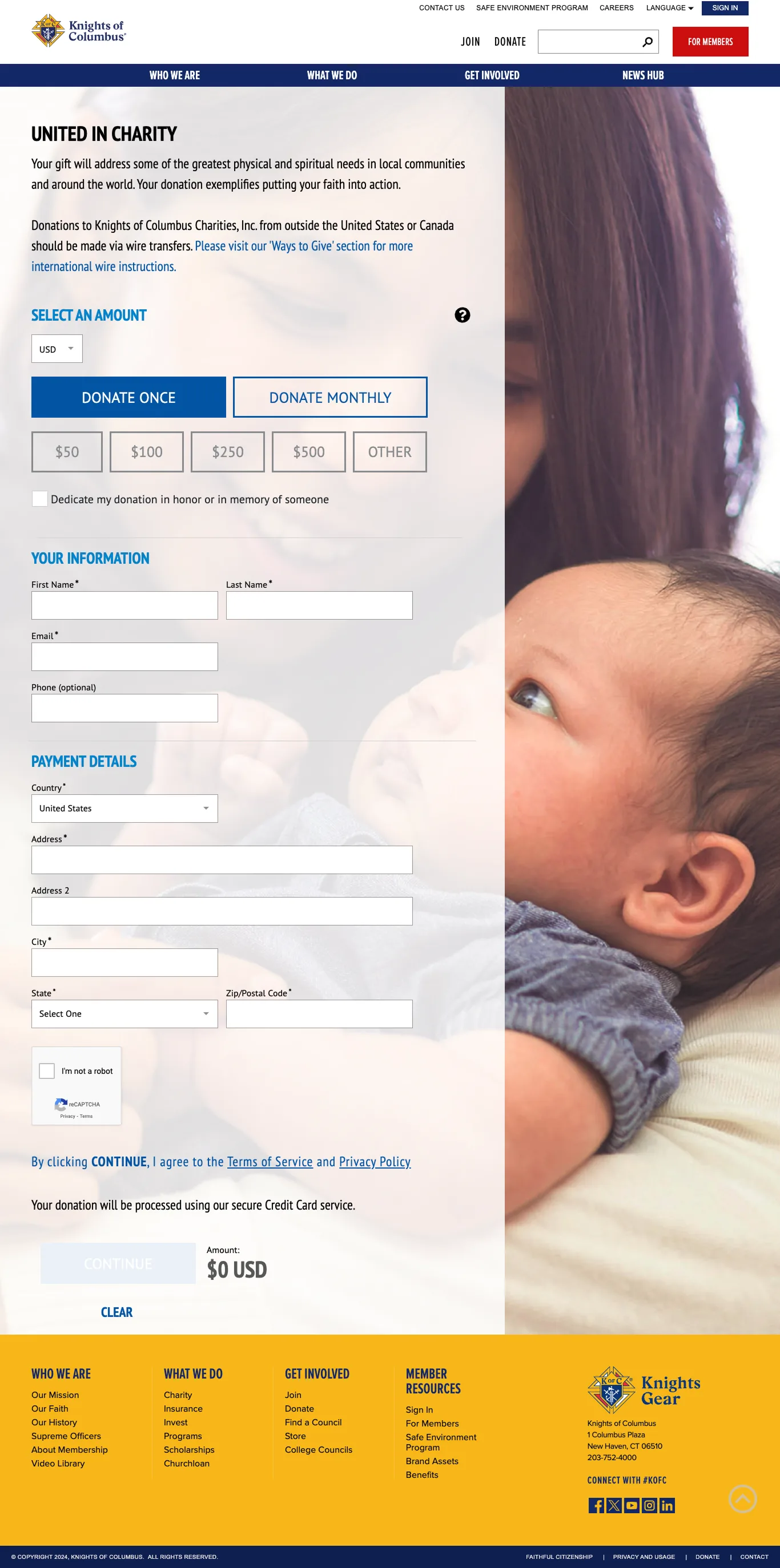 Donation form close-up showing amount presets, monthly giving toggle, and payment details