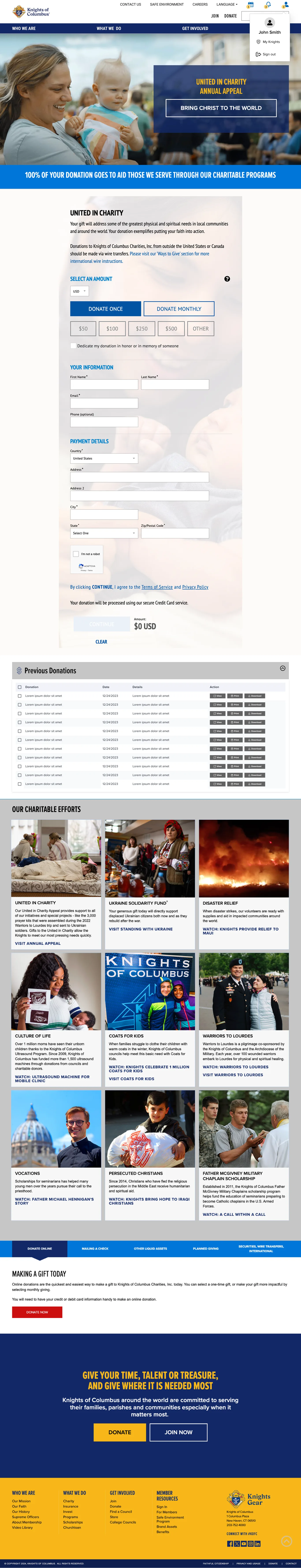 Donation page with form section showing amount selection, donor information, and previous donation history