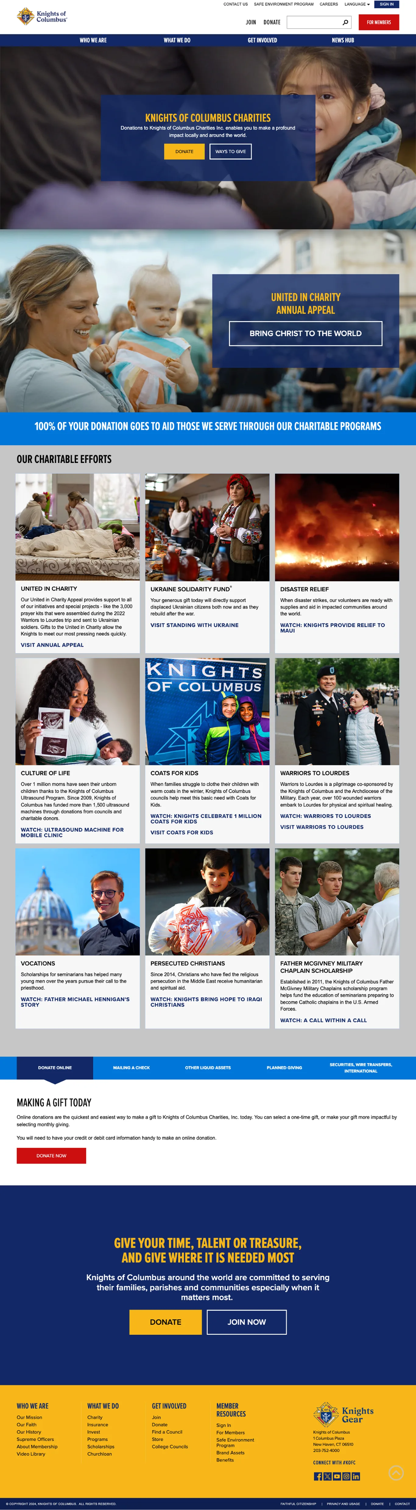 Donation landing page showing charitable efforts grid with program photos, donation call-to-action, and Knights branding