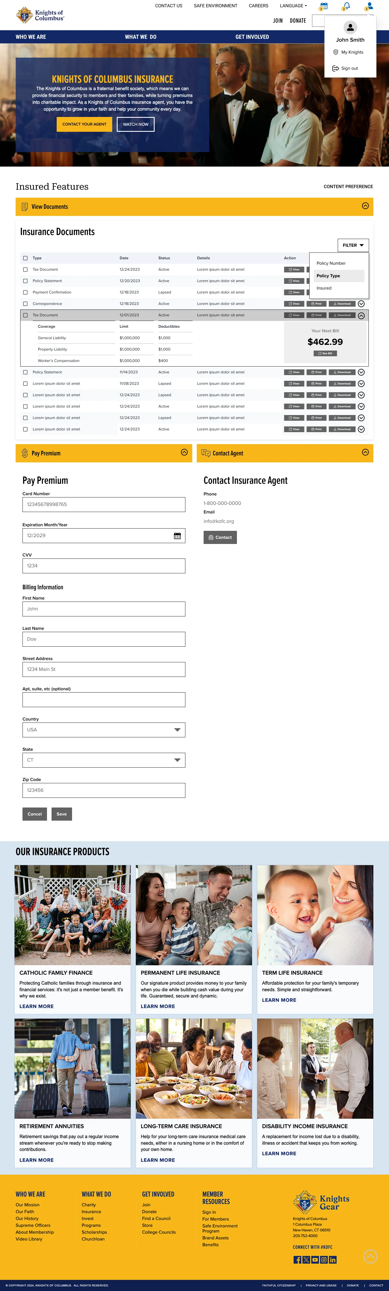 Authenticated insurance portal showing policy documents, payment section, and insurance product cards