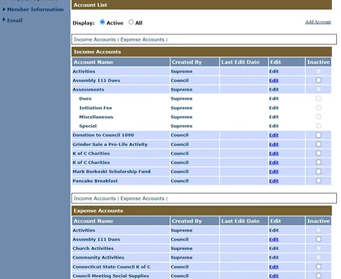 Legacy portal: Account List screen