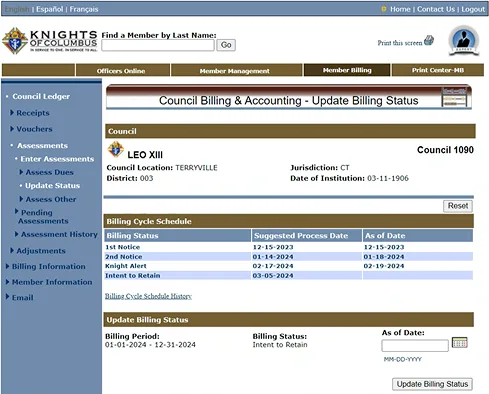 Legacy portal: Update Billing Status screen