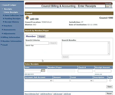 Legacy portal: Enter Receipts screen