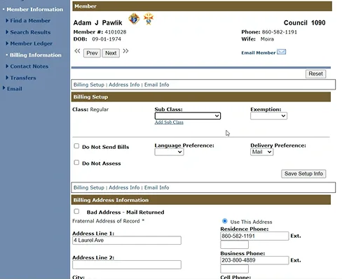 Legacy portal: Member Information screen