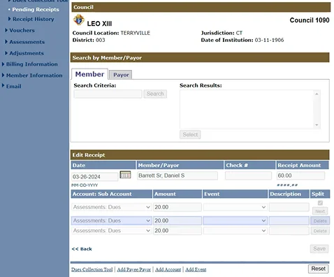 Legacy portal: Pending Receipts screen