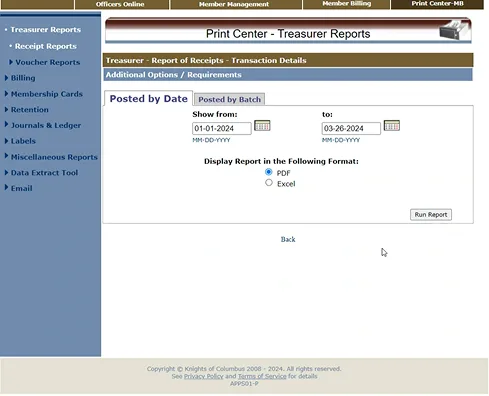 Legacy portal: Receipt Reports screen