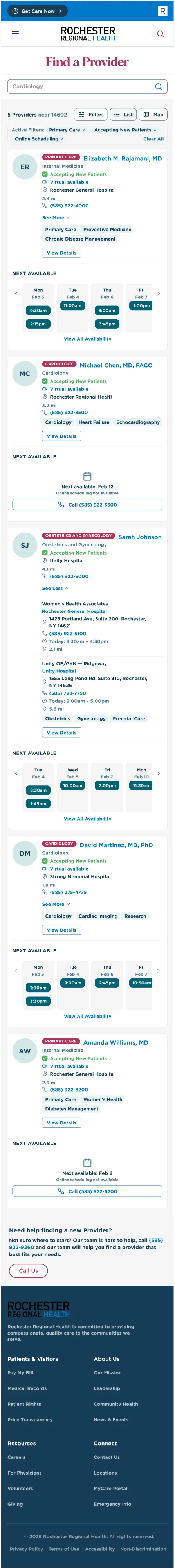 Provider search results — list view, mobile
