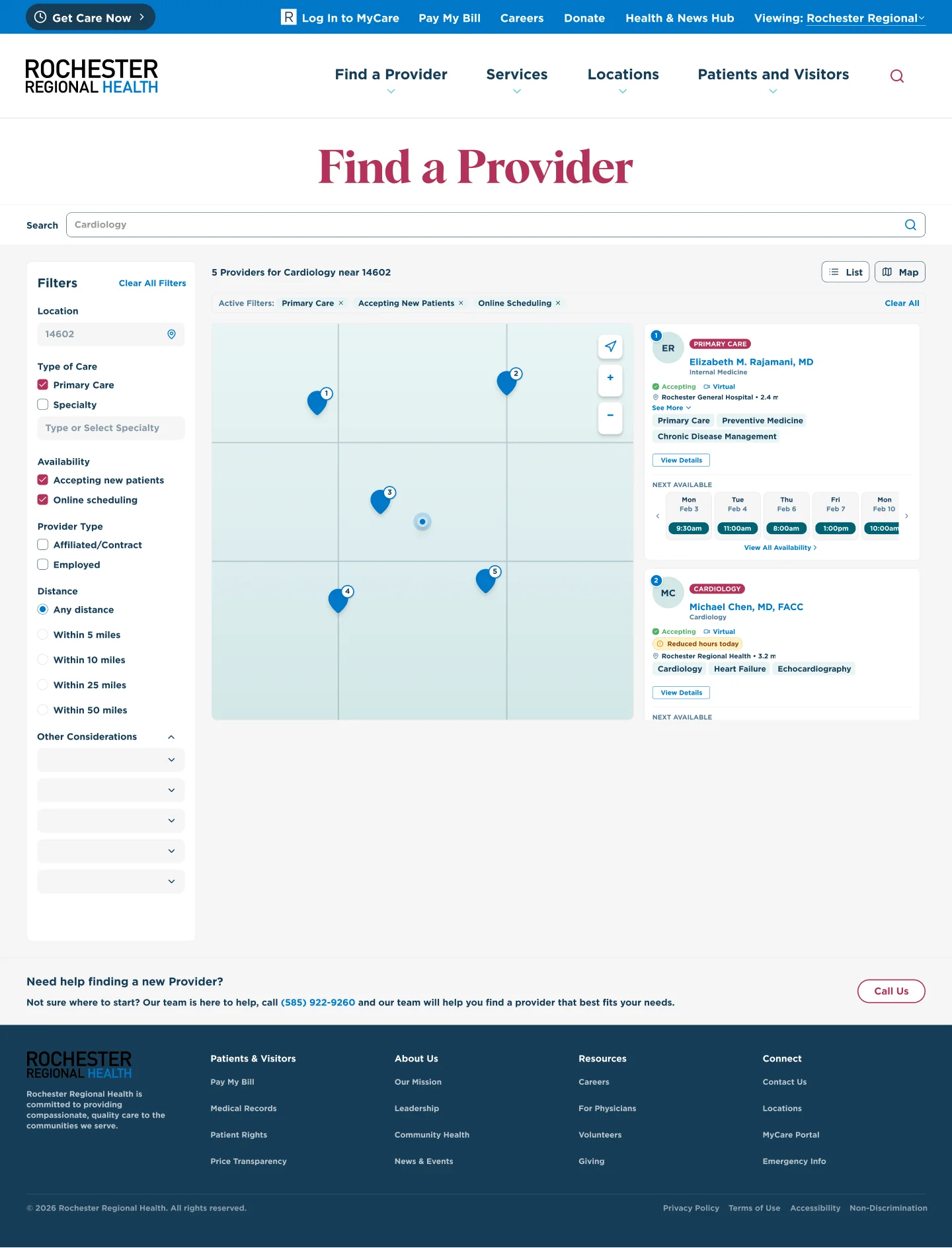 Provider search results — map view, desktop