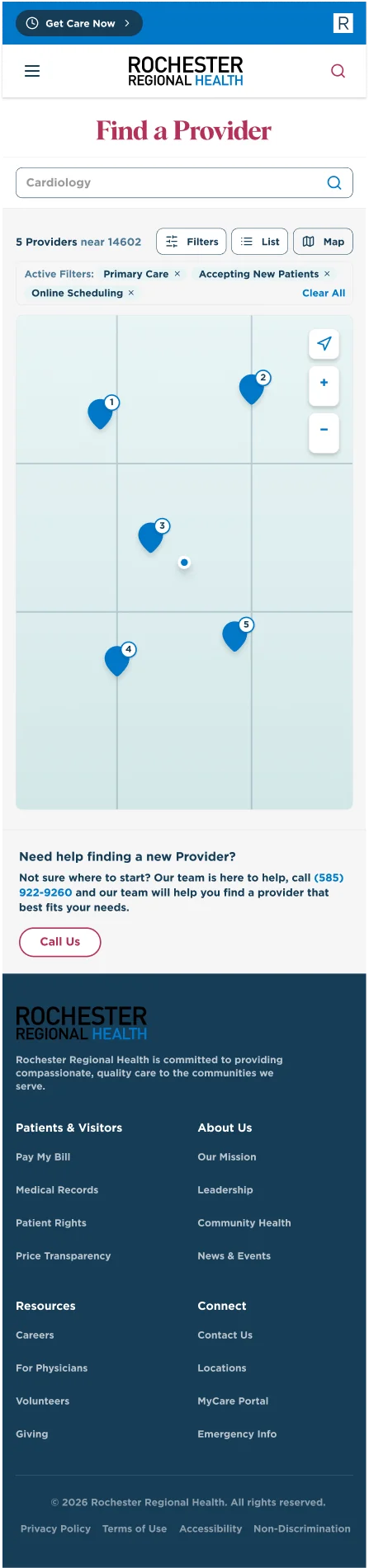 Provider search results — map view, mobile