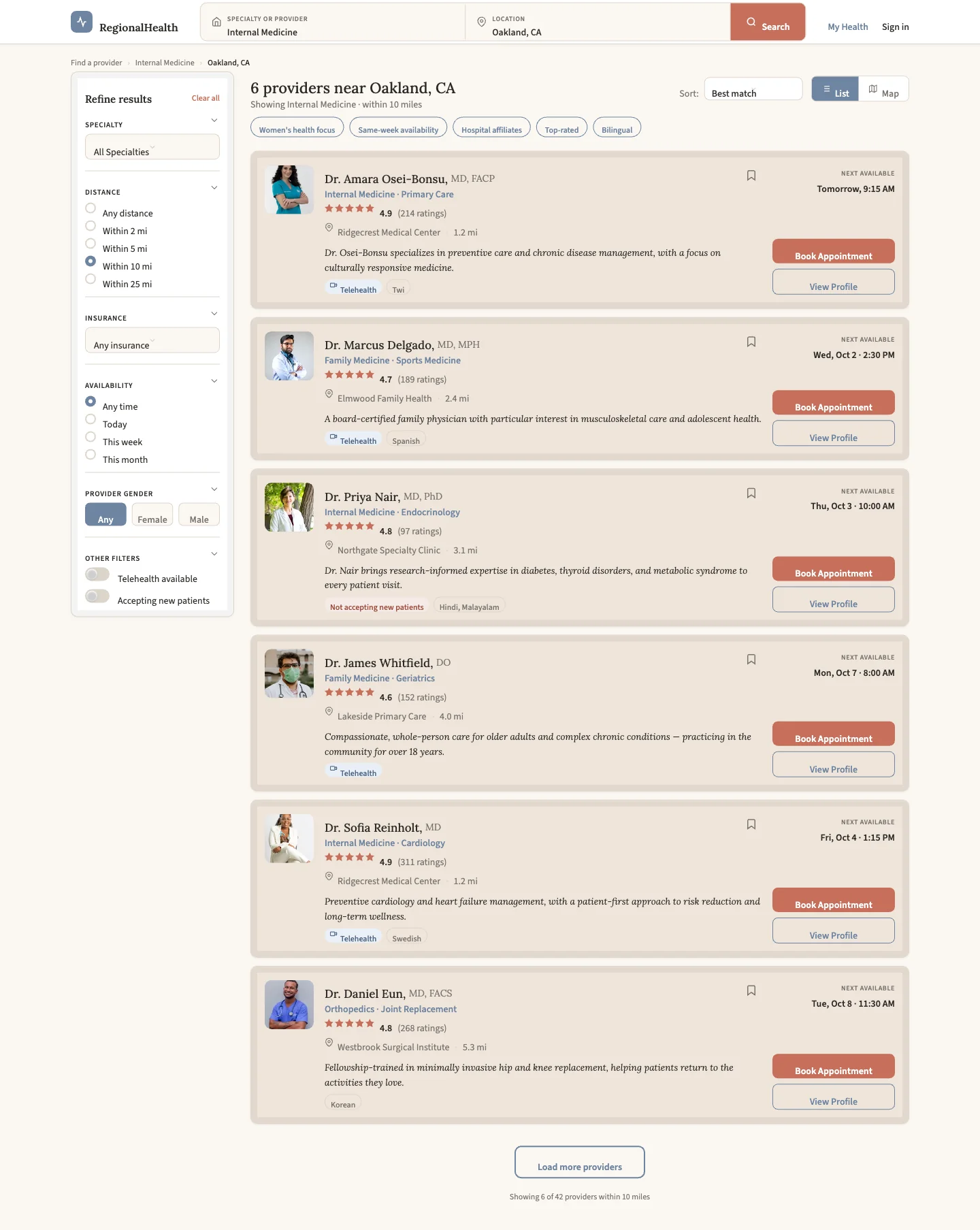The full Figma Make results page in list view: a header with specialty and location fields, a filter sidebar, and six provider cards